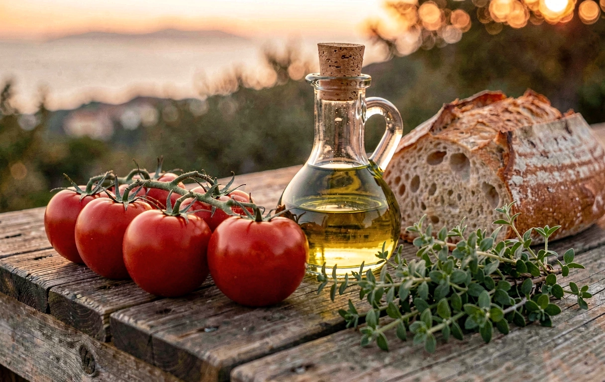 Φρέσκα μεσογειακά υλικά σε θερμό φωτισμό